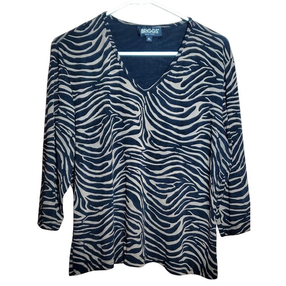 Briggs New York XL Zebra Print V-Neck Top Brown Black 3/4 Sleeve Chic. - Picture 2 of 10